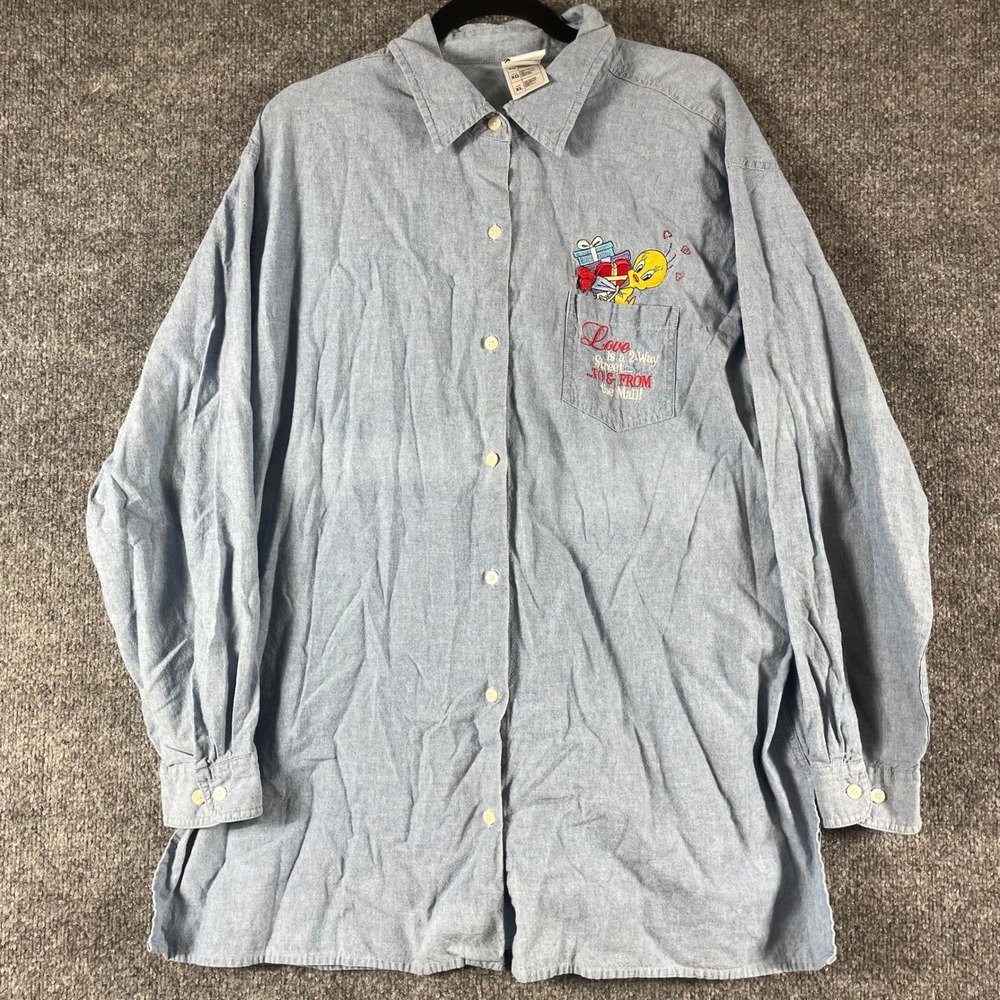 Vintage Warner Bros Shirt Womens XL Blue Tweety Bird Denim Button Down 90s Loose